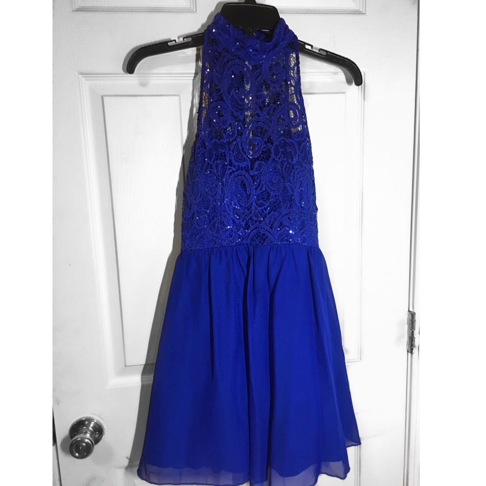 Lace Sequin Halter Mini Dress: Royal Blue